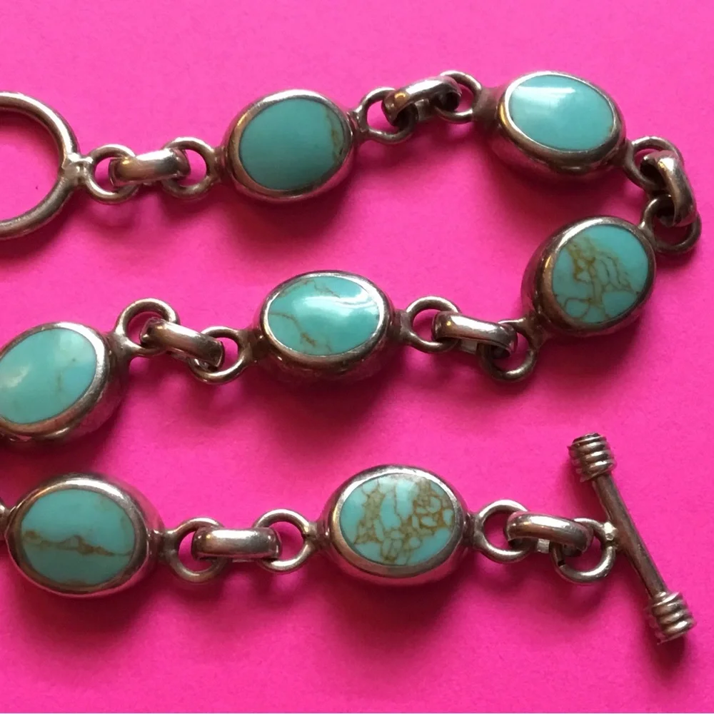 Vintage Turquoise Link Toggle Bracelet 925 Sterling Silver Mexico, 20grams 8”in